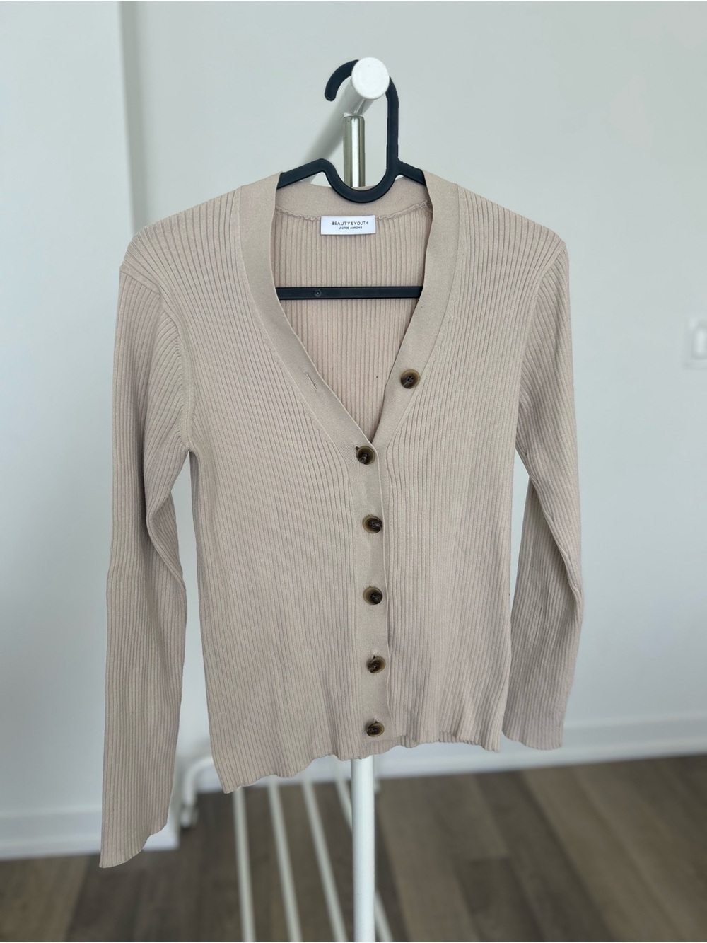 Beauty & Youth Ribbed V-Neck Button Top in Beige